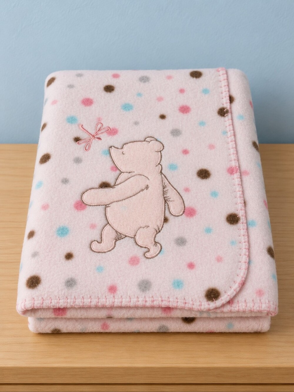 BABY BLANKET Classic Winnie the Pooh Polka Dot Fleece Pink Dragonfly Vtg 40x29"